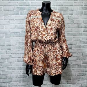 Olivaceous Womens S Brown Floral Long Sleeve Crepe Romper‎ Button Front Boho